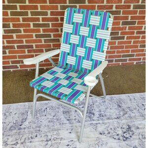 Vintage Blue Purple White Aluminum Webbed Lawn Chair Camping Portable Patio BBQ